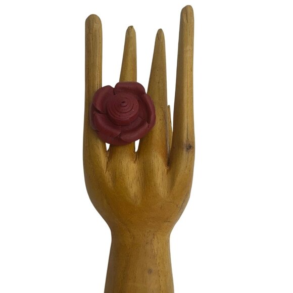 Artisan Handmade Jewelry - New Artisan Handmade Handcrafted Leather Red Flower Rose Ring Adjustable